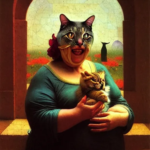 Image similar to a sweet fat old happy woman with a cat on her head. an artistic and poetic scene. jean - leon gerome, orientalism, academicism, angel, beautiful, highly detailed, color harmony, octane render, ornate, paul klee, flowers, window, zbrush, realism, darkness, alchemical, style of moebius