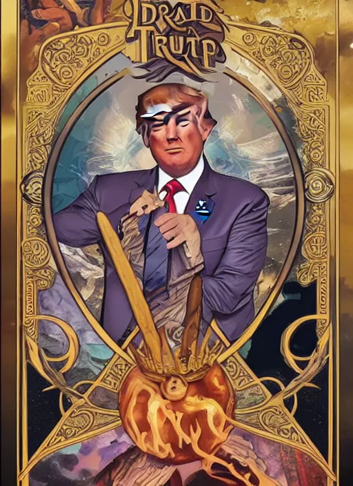 Image similar to a donald trump tarot card featuring hamburger imagery, king of swords, designed by alfons mucha and greg rutkowski and artgerm, 4k, intricate detailing, fast food motifs