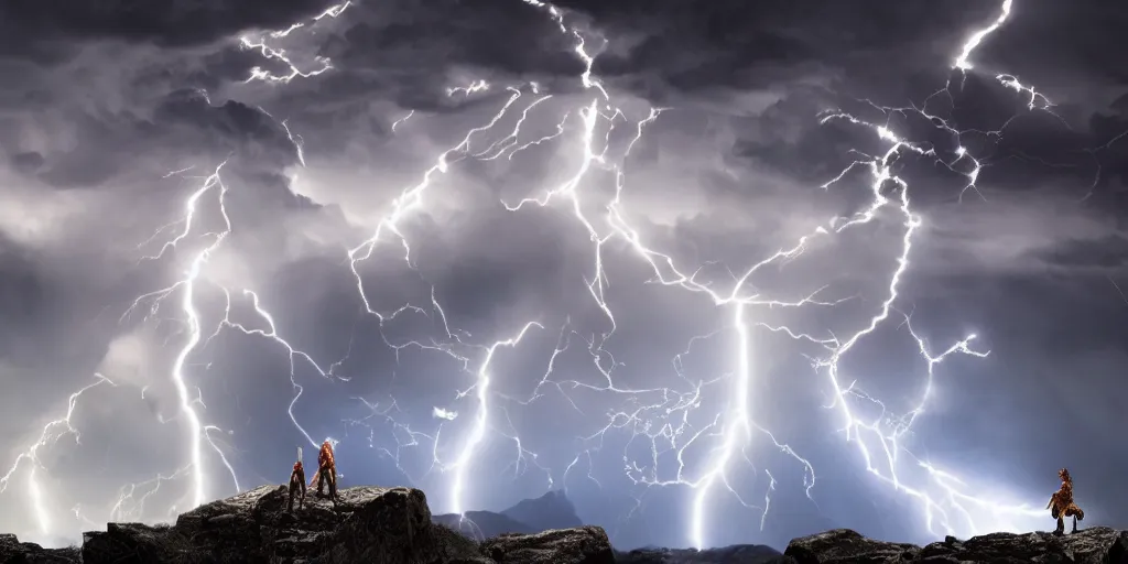 Prompt: god of thunder shooting lightning from his fingertips standing upon a rocky high mountain, surrounded by thunderclouds and lightning, dark, bright lighning, very detailed, 4 k