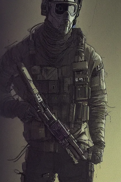 Image similar to ghost. smug blackops mercenary in near future tactical gear and cyberpunk headset. Blade Runner 2049. concept art by James Gurney and Mœbius.