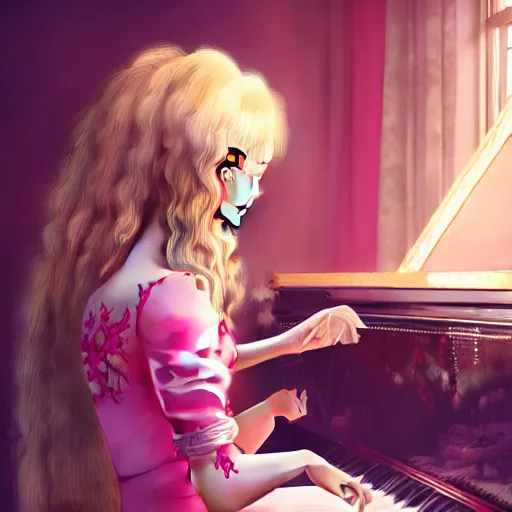 Prompt: highly detailed russian girl with long blond hair playing a pink piano with a cup of tea, realistic, soft light, sharp focus, octane render, aesthetic