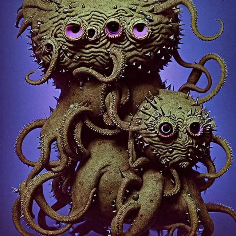 Image similar to photo of cute plush fluffy chibi monster with spikes, tentacles and many eyes. jpeg compression artifacts, strong compression artifacts. made by giger, wayne barlowe, dariusz zawadzki, zdzislaw beksinski