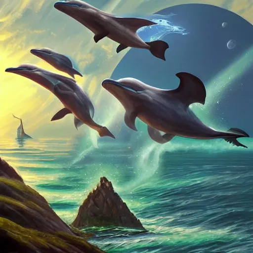 Prompt: Flying Dolphins in a Futuristic World of Floating Islands and Magical Atlantean Technology, Artstation Painting, Nature-Focused, Beautiful Scenery