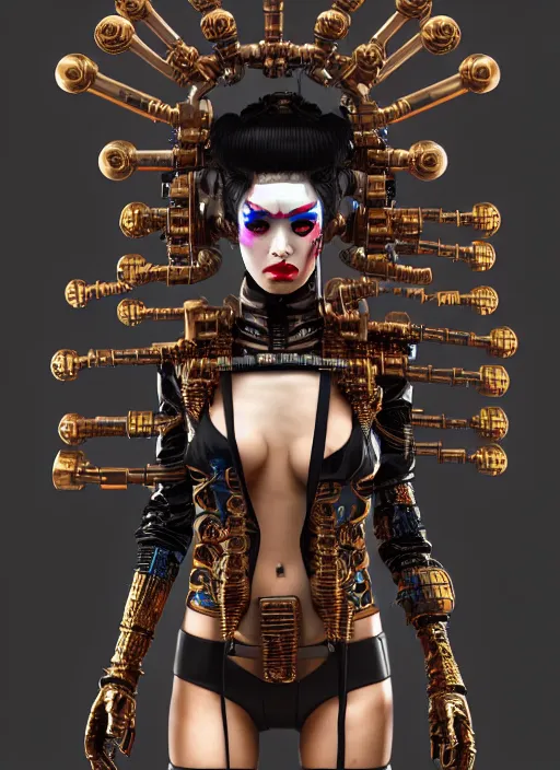 Prompt: full body portrait of a cyberpunk geisha raver gutter punk cyborg, golden ratio, details, scifi, dark fantasy, cyberpunk, intricate, ornate, highly detailed, octane render, 8 k, artstation, loish, wlop