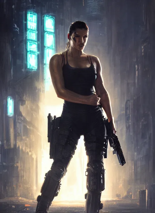 Prompt: gina carano. cyberpunk mercenary in a military vest ( blade runner 2 0 4 9, cyberpunk 2 0 7 7 ). orientalist portrait by john william waterhouse and james gurney and theodore ralli and nasreddine dinet, oil on canvas. cinematic, hyper realism, realistic proportions, dramatic lighting, high detail 4 k