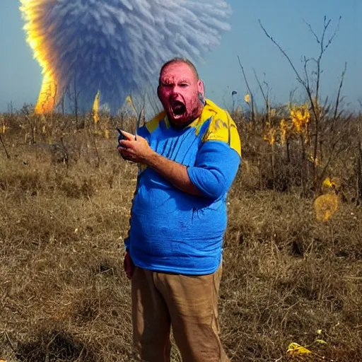 Prompt: last selfie of frightened funny damaged to bones ukrainian bleeding in dirty yellow and blue rags, nuclear rocket explosion at background