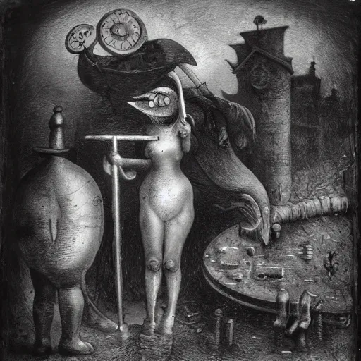 Image similar to wet plate photo, plague doctors in the mist with weird rube goldberg machines, minimalist, joel peter witkin, heironymus bosch, gustave dore, beksinski, giger'