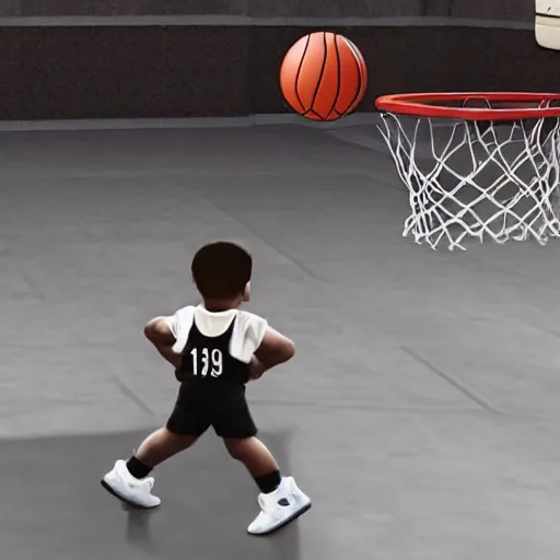 Image similar to a baby dunking a basketball, cinematic, dramatic, epic