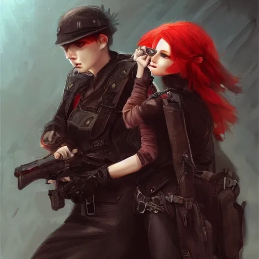 Image similar to a concept art of a boy and a girl with red hair holding a gun, gothic clothes, highly detailed, digital painting, artstation, concept art, smooth, sharp focus, illustration