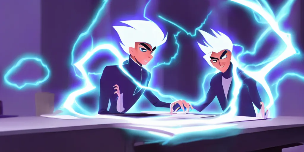 Image similar to a mage that looks like danny phantom he is at his desk working on a new spell that is casting out flowing energy, colorful, flowing energy, light rays, consistent face, medium shot, waist up, pixar and disney animation, sharp, concept art, highly detailed, bloom, dramatic lighting, cinematic