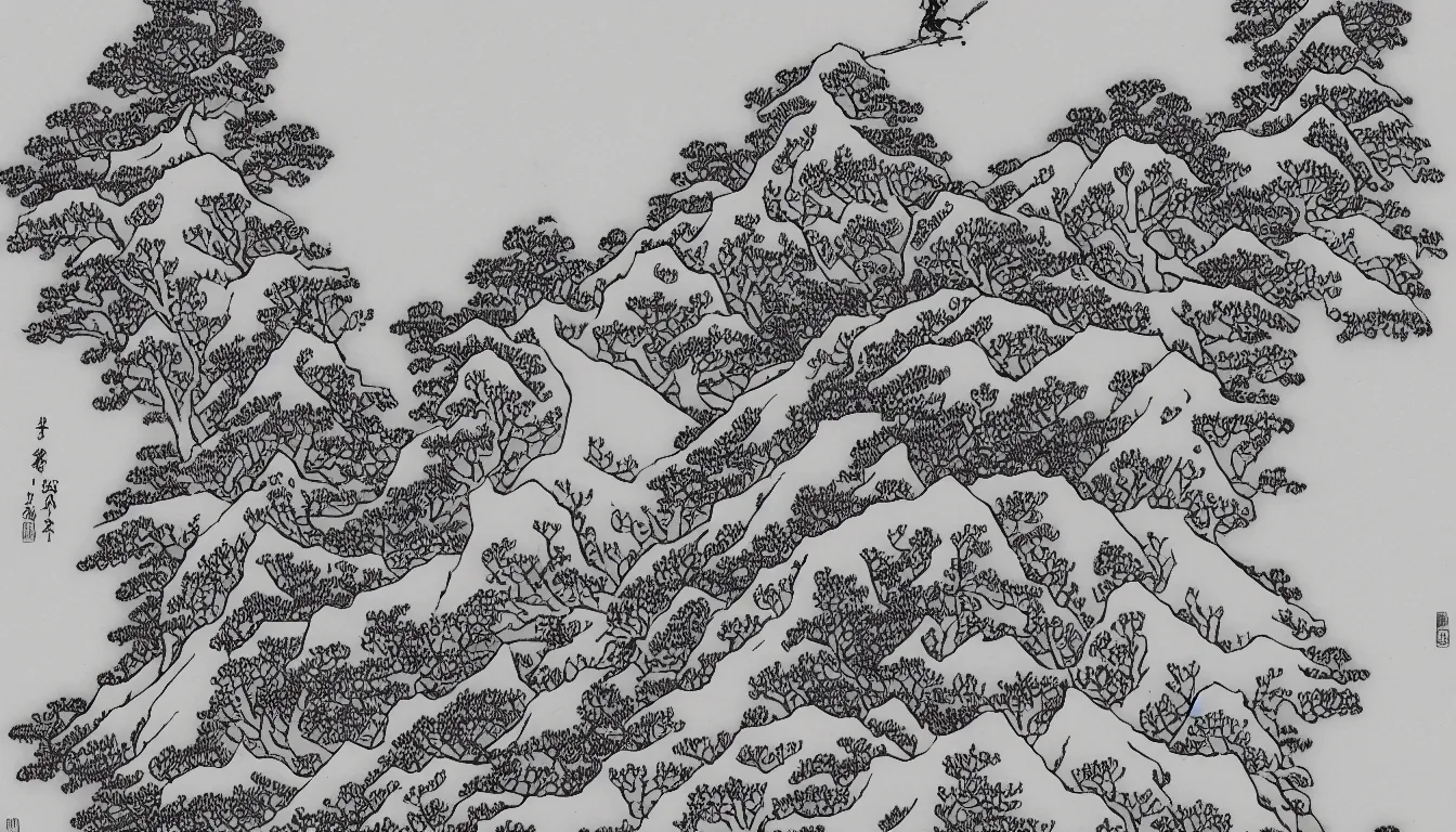 Image similar to lone backpacker on mountain ridgeline, minimalist line art by hokusai, clean long lines, ultra detailed