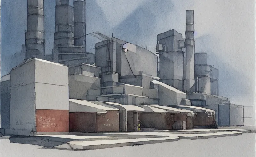 Image similar to concept art of a concrete factory exterior, pinterest, artstation trending, behance, watercolor, by coby whitmore, silver, laser light,