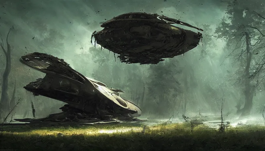 Prompt: a beautiful painting of a crashed alien space ship in a swamp, ray traced lighting by kalin popov and greg rutkowski