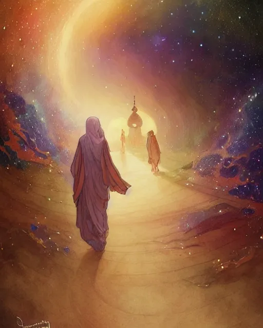 Image similar to bedouin in galaxy walking towards mosque surrounded by nebula, highly detailed, gold filigree, romantic storybook fantasy, soft cinematic lighting, award, disney concept art watercolor illustration by mandy jurgens and alphonse mucha and alena aenami, pastel color palette, featured on artstation