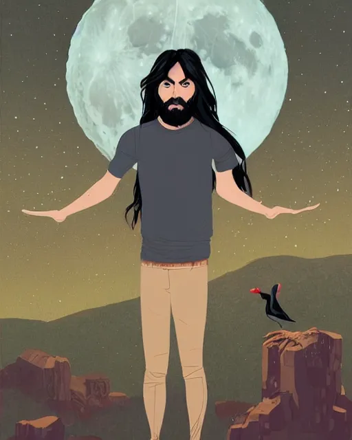 Image similar to portrait of a man with long black hair and beard holding his imaginary bird friend in his hands, full moon in the background, fine portrait, beautiful, realistic, by tomer hanuka