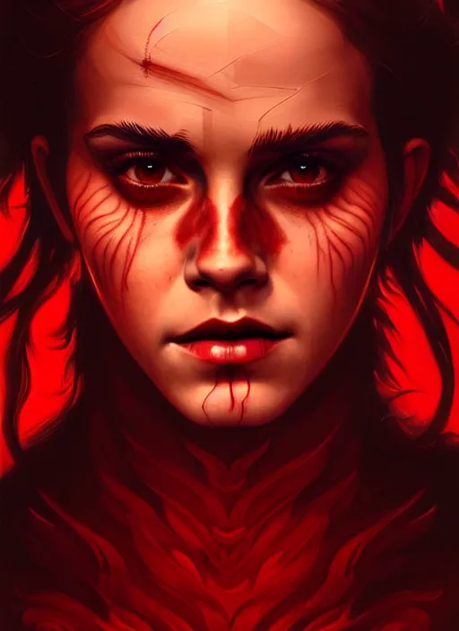 Prompt: portrait of emma watson as demon, red skin, batwings, hell, intricate, headshot, highly detailed, digital painting, artstation, concept art, sharp focus, cinematic lighting, illustration, art by artgerm and greg rutkowski, alphonse mucha, cgsociety