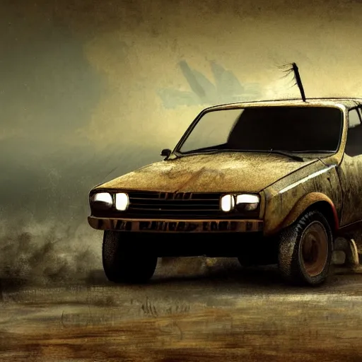 Image similar to a lonely Dacia 1310 in Mad Max, artstation, concept art