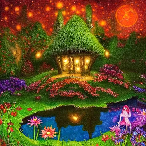 Prompt: detailed fairy hollow with a pond and flowers, nighttime beautiful glow, stars, by Cecily Mary Barker