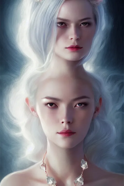 Prompt: dramatic lighting by wlop, stunning portrait female holding crystal white hair, blush, rose necklace, flowing hair, slim face, elegant, terry moore, barclay shaw, karol bak, greg rutkowski