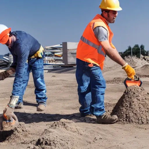 Image similar to two construction workers removing the moon from the sky