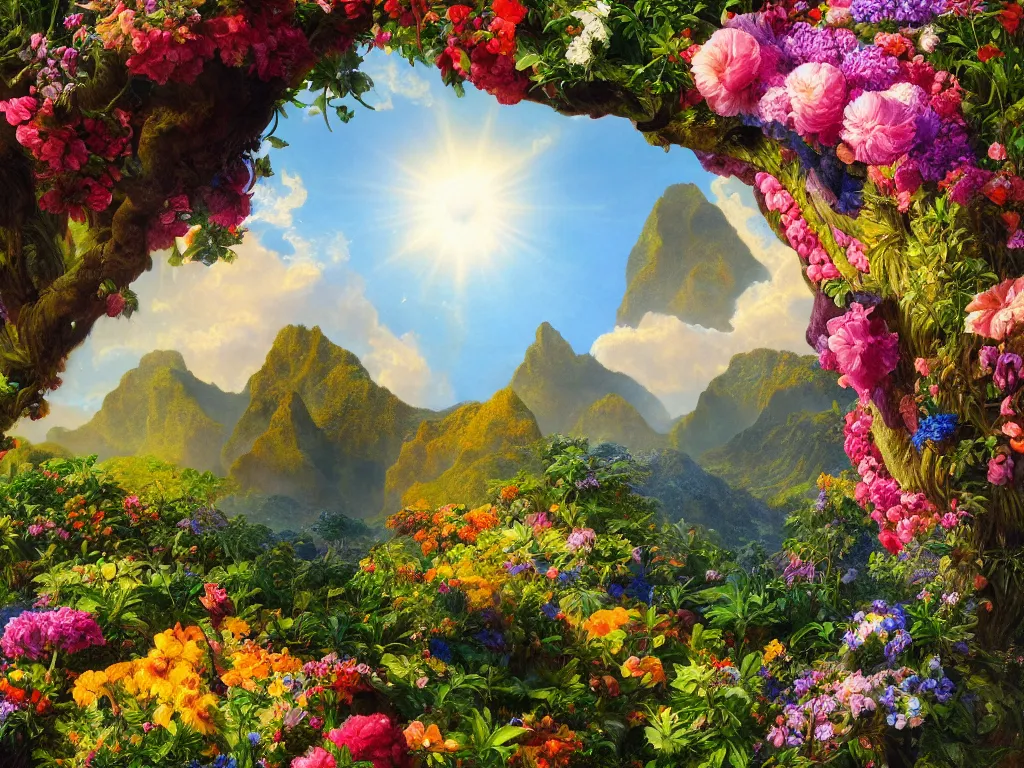 Image similar to kauai springtime, universe is a spheroid region 7 0 5 meters in diameter, sunlight study, art nouveau, by jan davidsz de heem and ( ( ( ( ( lisa frank ) ) ) ) ) and frederic edwin church, oil - painting, 3 d render, 8 k, extreme detail, sharp focus, octane render