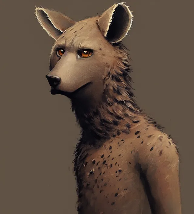 Image similar to a beautiful portrait of a handsome male anthropomorph brown hyena furry fursona wearing a hoodie. character design by cory loftis, fenghua zhong, ryohei hase, ismail inceoglu and ruan jia. artstation, volumetric light, detailed, photorealistic, rendered in octane