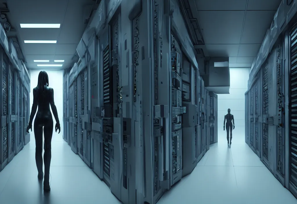 Image similar to film by denis villeneuve android walking in server room in datacenter, shot by cyberpunk syle, character design, proportional body, whole body, whole figure, very realistic cinematic concept art, complementary color, realistic detailed, sharp lines, trending on artstation, volumetric lighting, octane render