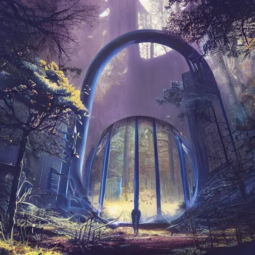 Image similar to derelict portal in a middle of a futuristic forest, world seen only through a portal, daylight, cinematic lighting, blue sky, syd mead, john harris