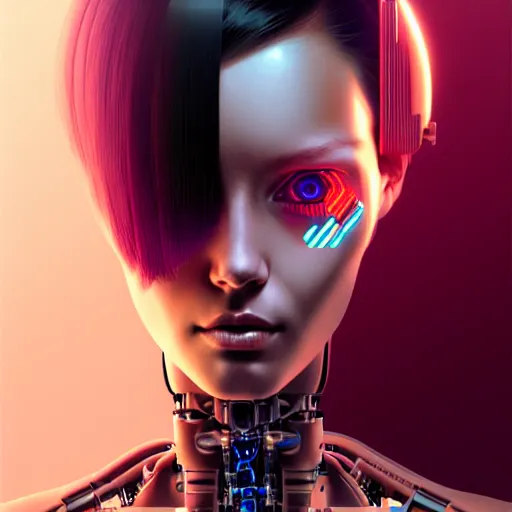 Prompt: a extremely detailed digital painting of a humanoid android woman with integrated cybernetic modifications, cyberpunk art by ilya kuvshinov, trending on cgsociety, computer art, ilya kuvshinov, artstation hd, artstation hq, photo realistic, hyperrealism