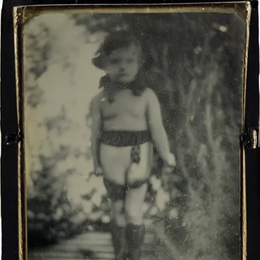 Prompt: tintype photo, swimming deep underwater, kid with huge clown