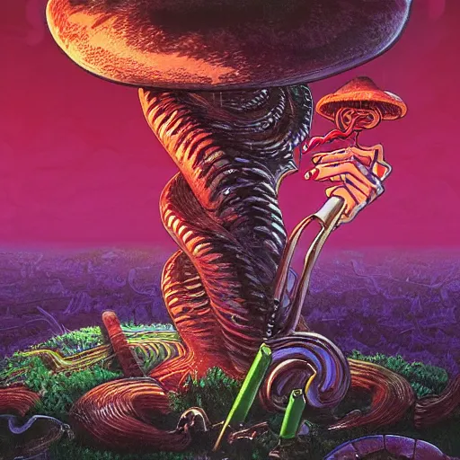 Image similar to A centered chest up portrait of a psychedelic demonic anthropomorphic snake smoking a hand-rolled cigarette smoking heavily , magic mushroom village in background , IMAX cel animation by tokyo movie shinsha , award winning. superb resolution. in the art style of junji Ito and greg rutkowski . Detailed Mushroom city in background. Hyper realistic anime. Perfect art. Dalle2