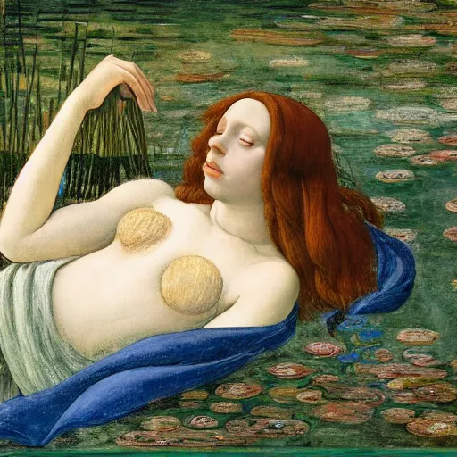Image similar to ophelia, laying flat submerged in water, close up portrait, under the river amongst the reeds, fully covered in robes and lake foliage, weeds reeds, fully clothed in flowing medieval robes, by botticelli devinci rosetti and monet, 8 k