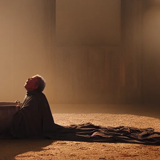 Prompt: a priest sleeping in a large clay pot, foggy, sun rays, cinematic shot, photo still from movie by denis villeneuve, wayne barlowe