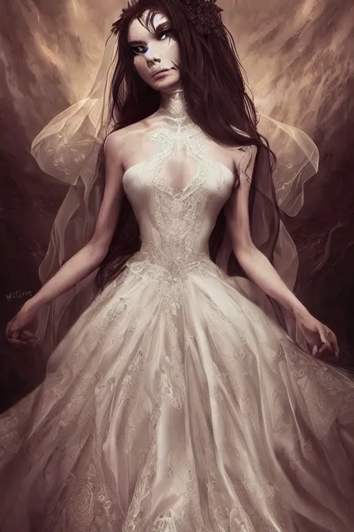 Prompt: Demonic Wedding Dress with lace portrait by Artgerm and WLOP