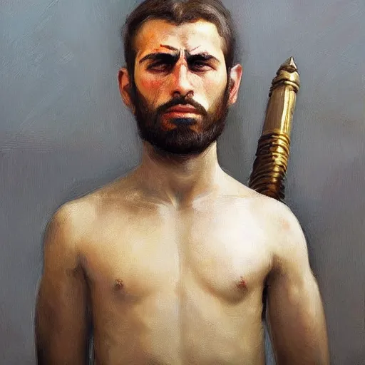 Image similar to a stunning and noble highly detailed portrait of a syrian warrior by josep tapiro baro and edward hopper, trending on artstation, oil painting masterpiece, symmetry, mysterious, very very very aesthetic