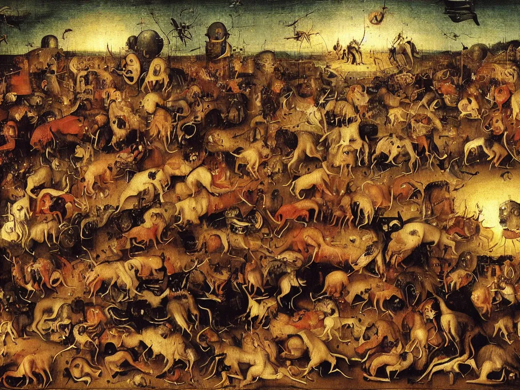 Image similar to dogs in a moshpit at a metal festival jumping and growling at each other, by hieronymus bosch, very wild, cool lighting at sunset, very detailed, concept art