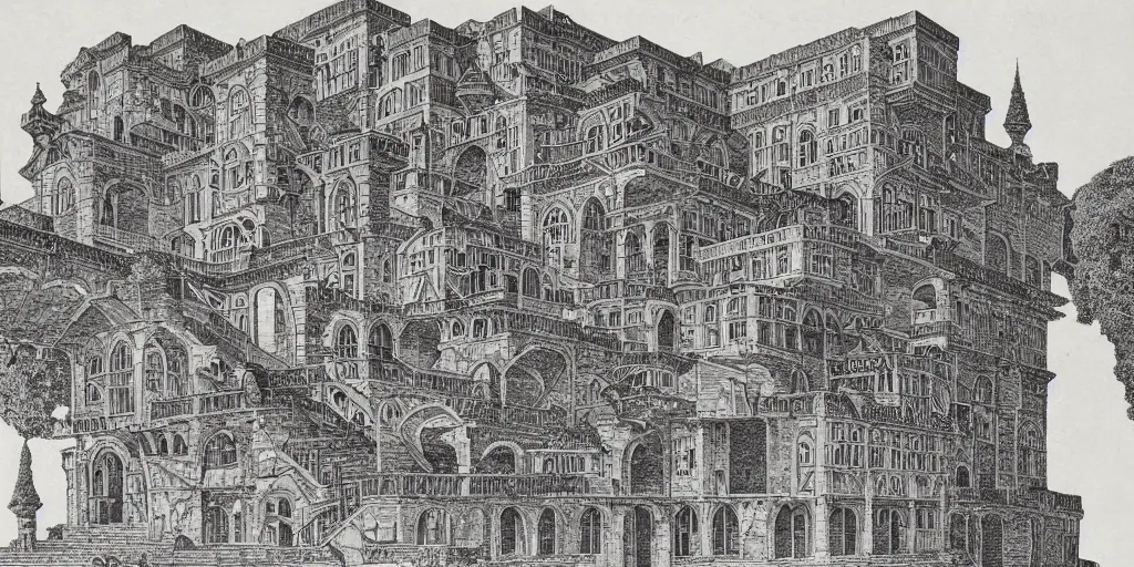 Prompt: an ancient castle with many interconnected stairs, by M.C. Escher