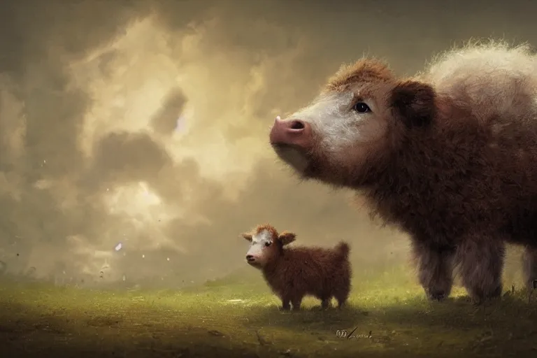 Prompt: cute fluffy calf by jean - baptiste monge, high quality, high resolution, 4 k, painted by cgsociety, rutkowski, gurney with ambient lighting, concept art, detailed, smooth, dynamic volumetric cinematic lighting, octane, raytrace