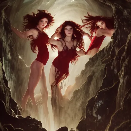 Prompt: an extremely detailed portrait of four polyamorous red haired vampire queens dancing while hiding from a thunderstorm in a cave behind a waterfall, epic fantasy, viewed in profile from far away, sharp focus, detailed face, art by greg rutkowski and alphonse mucha, volumetric lighting, 4 k resolution, trending on artstation, masterpiece