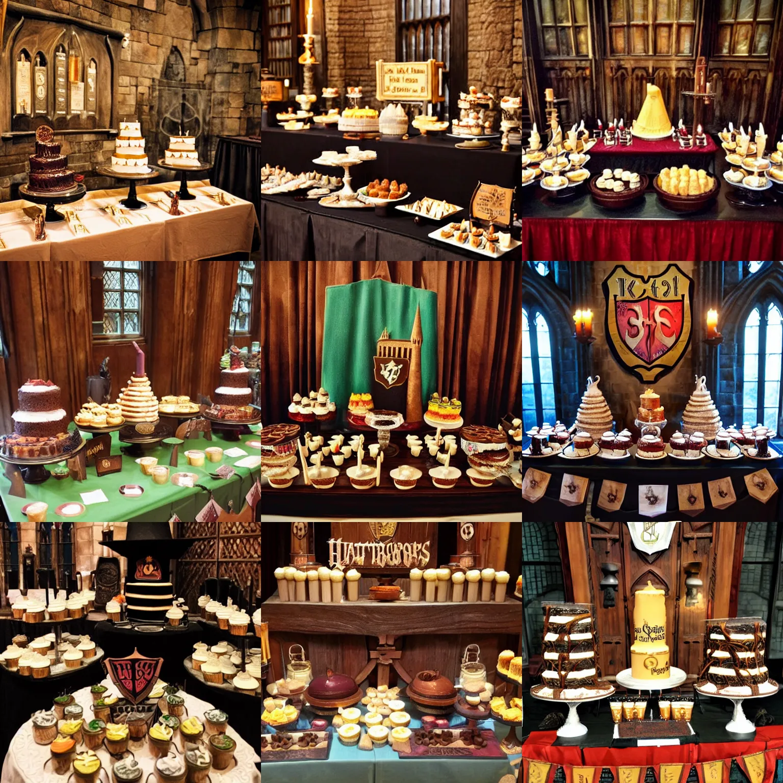 Prompt: hogwarts buffet in the great hall, dessert table, cauldron cakes, butterbeer