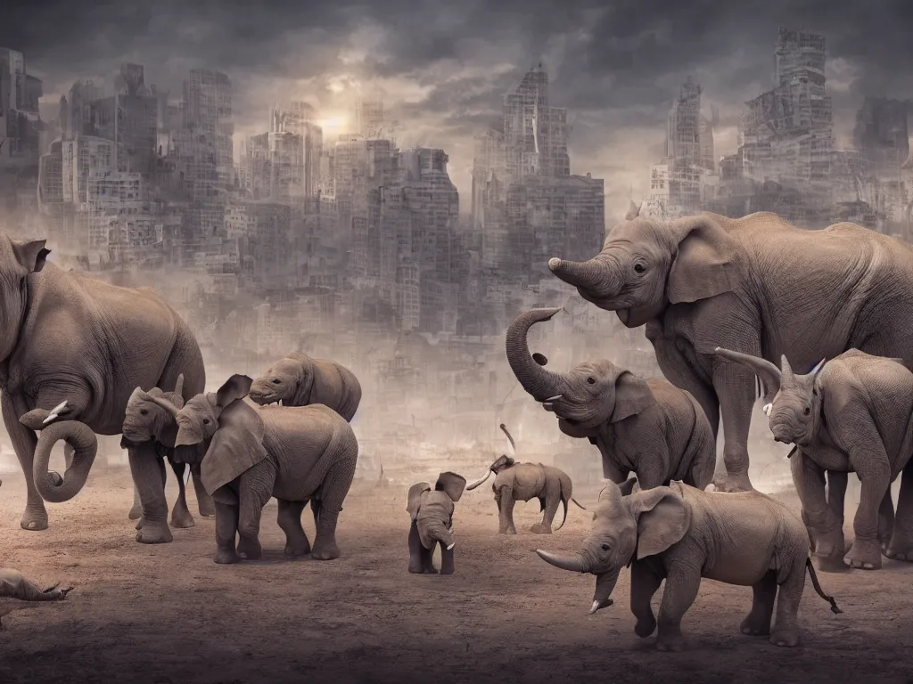 Prompt: apocalyptic city with baby elephants and baby rhino, photorealistic render