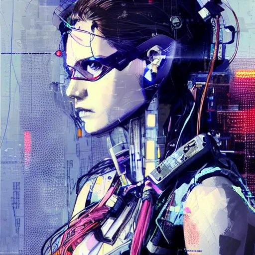 Image similar to a beautiful side portrait of a female cyberpunk hacker, wires, cables, computers, machines. art by yoji shinkawa and sandra chevrier, trending on artstation,