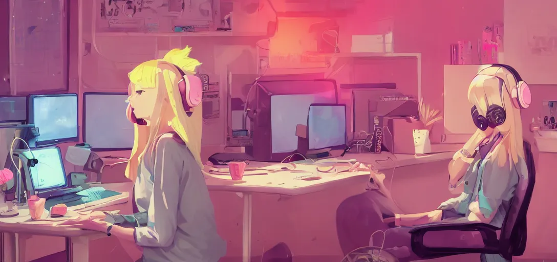 Image similar to a blond woman, pink cat-ear-headphones, sitting in front of computer, gamer, computer nerd, cute room, neon lights, gamer aesthetic, lofi vibes, strong crisp lineart and flat color, by ilya kuvshinov, krenz cushart, Greg Rutkowski, trending on artstation