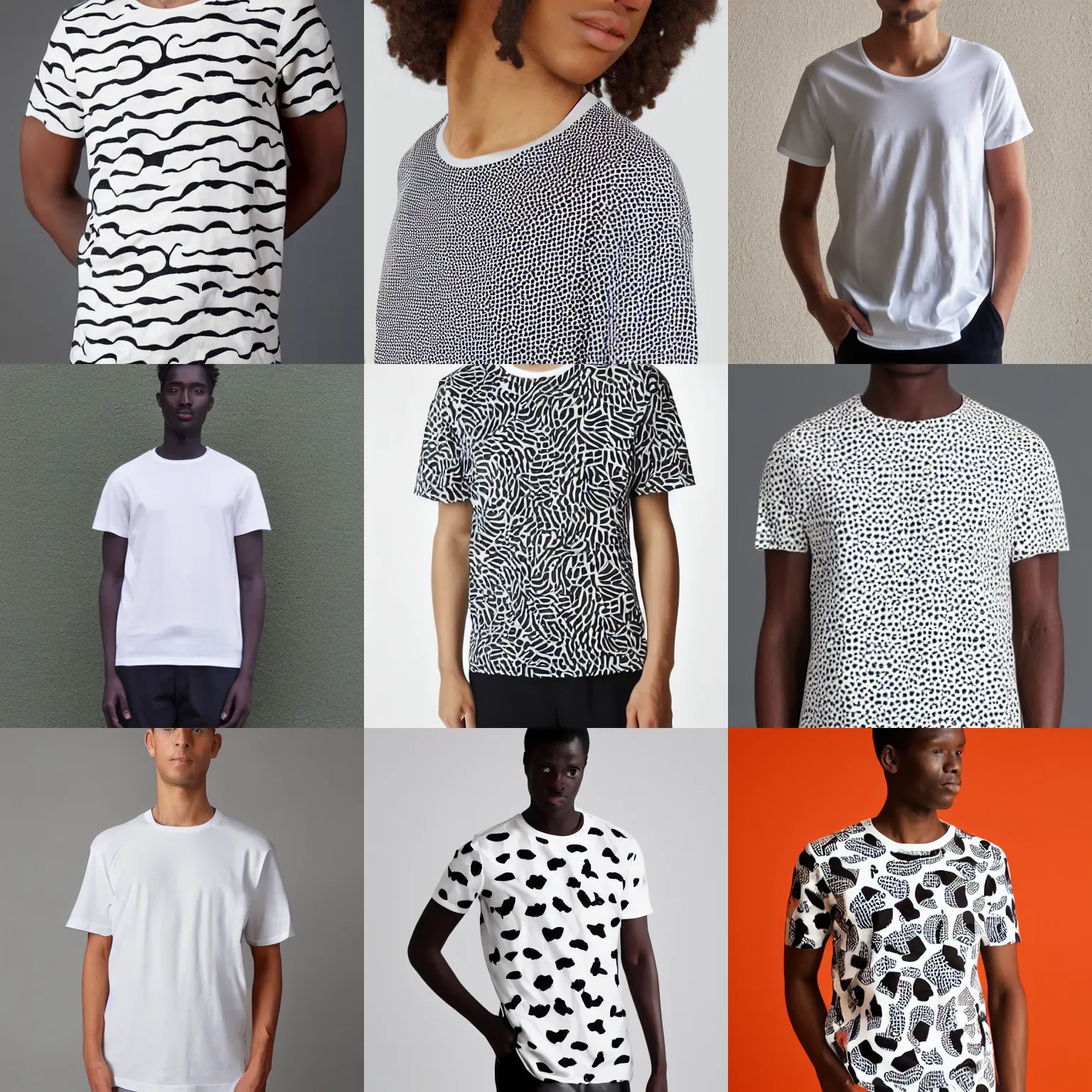 Prompt: a plain white mens t-shirt marimekko coconut Chitenge