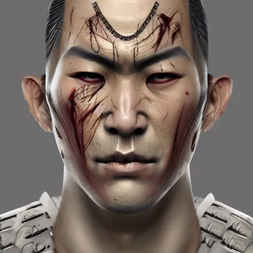 Prompt: centered detailed portrait of a scary samurai, beast, realistic character concept, identical eyes, gazing eyes, elegant pose, fantasy, illustration, slender symmetrical face and body, artstation, cinematic lighting, hyperdetailed, cgsociety, 8 k, tom richmond, single face, octane render, golden ratio, vfx, postprocessing, alluring