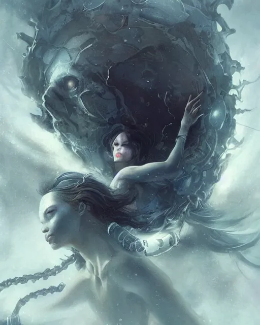 Image similar to realistic photo of a being shackled in the void, by akihiko yoshida and cgsociety. stunning goddess of speed charlie bowater and tom bagshaw, insanely detailed, artstation, space art. atoms surrounded by skulls and spirits deep under the sea, horror, sci - fi, surrealist painting, by peter mohrbacher