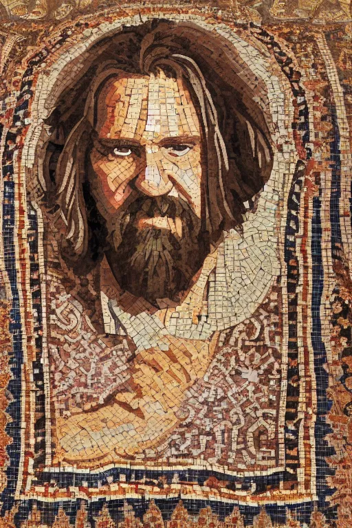 Prompt: intricate and beautifully arranged roman mosaic portrait of the dude from the big Lebowski in the style of a Persian carpet, 8k