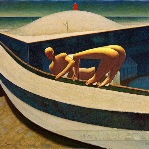 Image similar to twenty thousand leagues under the seas, grant wood, pj crook, edward hopper, oil on canvas