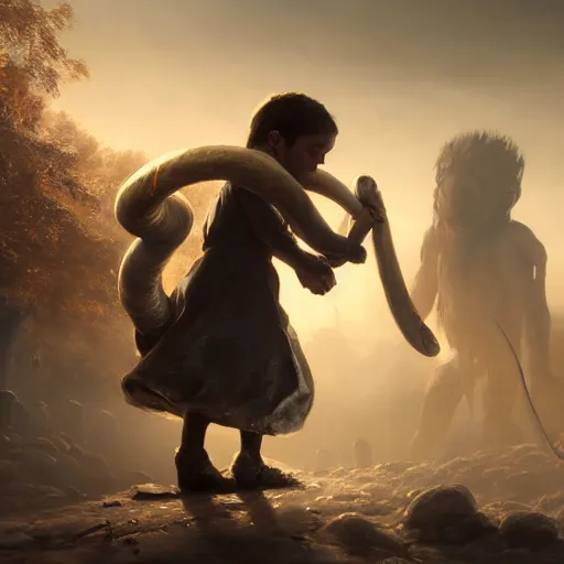 Image similar to a child dragging a demon by its horns, photorealism, elegant, highly detailed, digital painting, concept art, smooth, sharp focus, art style from Greg Rutkowski and Bruce Kaiser and Scott Robertson and Dmitry Mazurkevich and Doruk Erdem and Jon Sibal, 8k, unreal engine, octane render