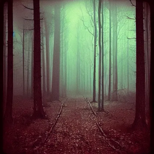 Prompt: a dark forest with a feeling of loneliness, polaroid photo, perfect photo, photo pinterest